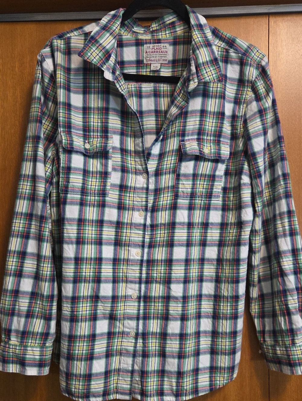 Old Navy 1994 COTTON Womens Button-Down Shirt with Green & Blue Stripes